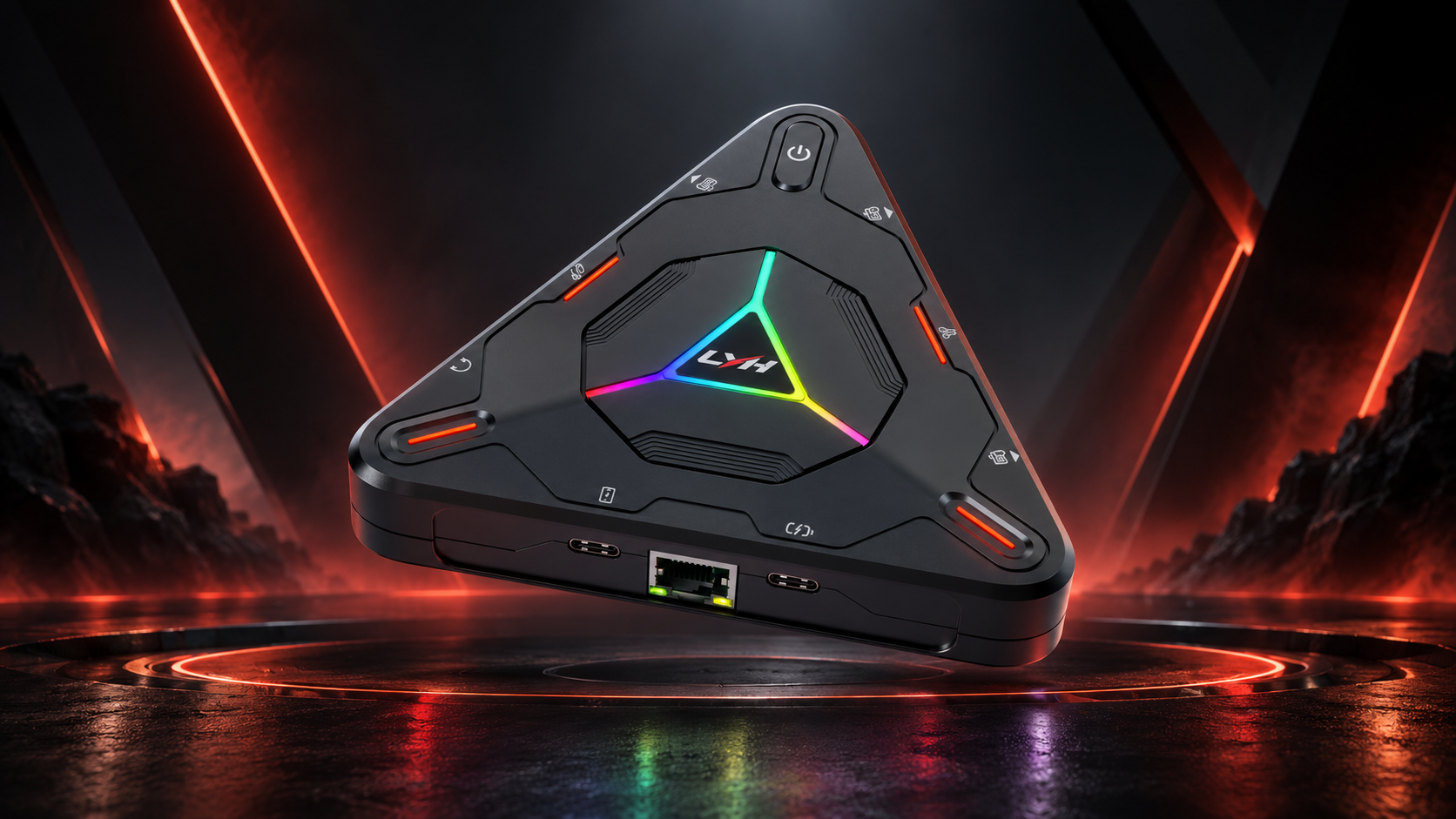 星陨 PRO 三角形游戏转换器，黑色机身搭配中央 RGB 灯带